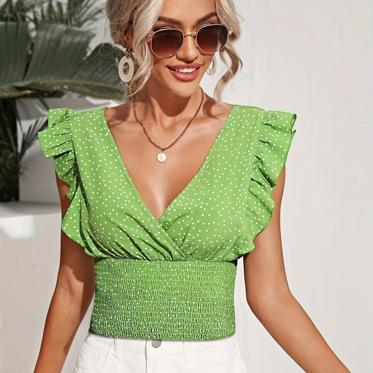 Summer New Ruffle Hem Polka Dot Splicing Top