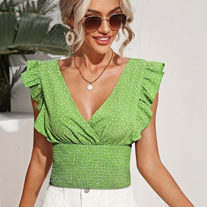 Summer New Ruffle Hem Polka Dot Splicing Top