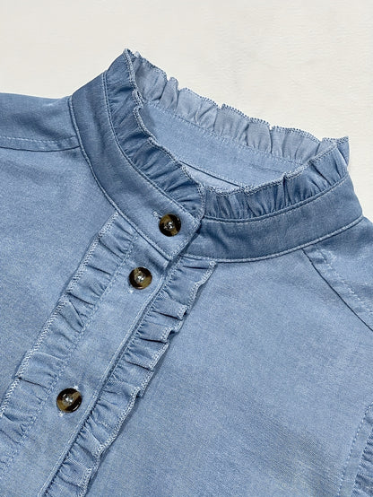 Women'S Light Blue Ruffle Sleeve Blouse with Stand Collar & Button Front - Elegant Casual Summer Shirt, Regular Fit, No Padding, Perfect for Casual Attire, Ladies Blouses