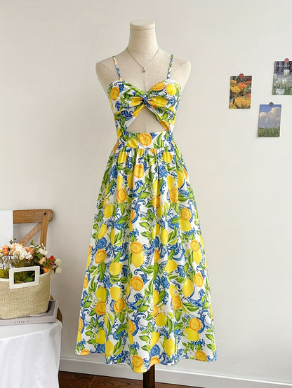 French Elegant Women's Vacation Print Twist Dress Long Summer Dress