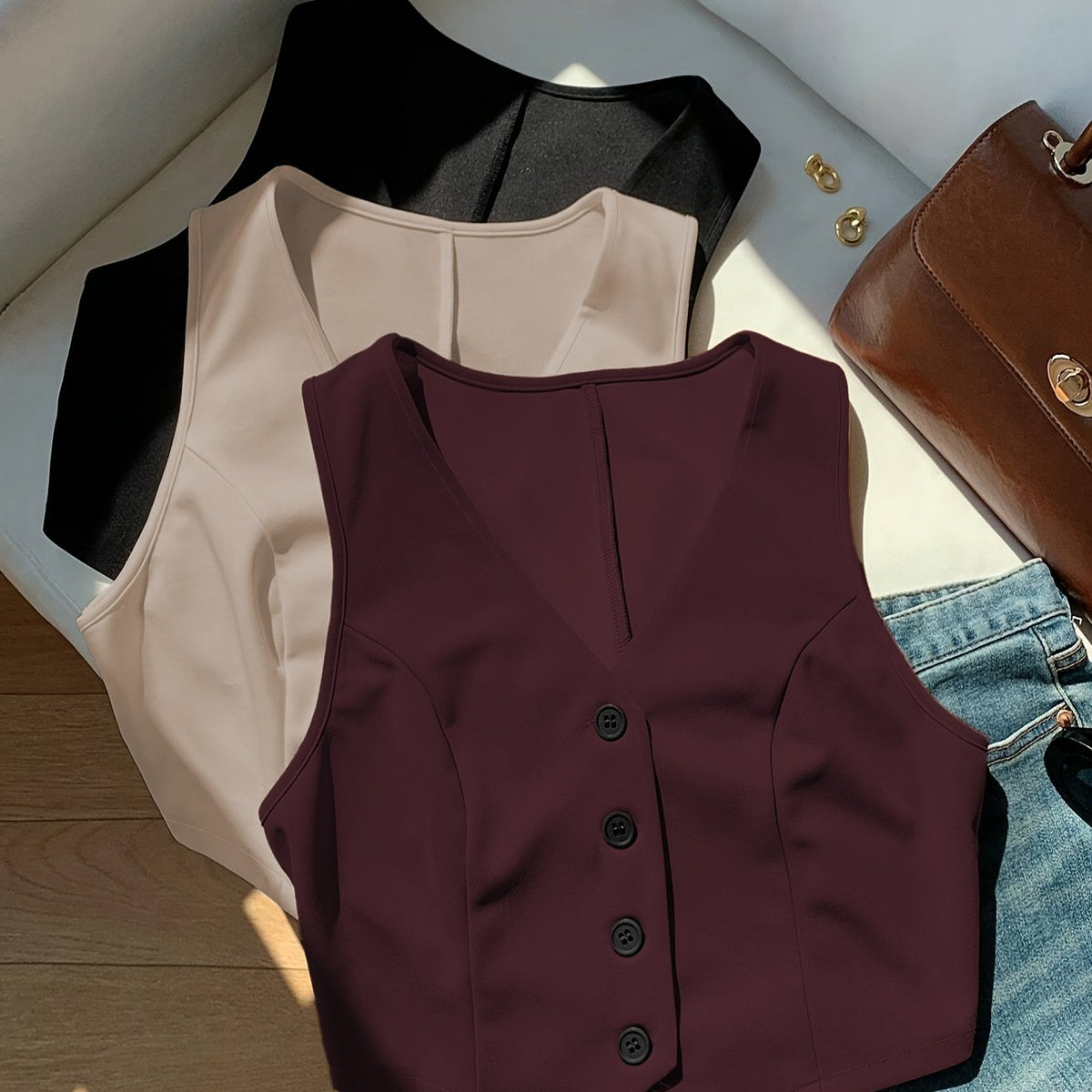 Summer Women'S Elegant Blazer Set with Blazer, Cardigan & Vest - Casual Three-Piece Outfit in Black, White, and Burgundy, Sleeveless, Button Detailing, Spring\u002FSummer Collection