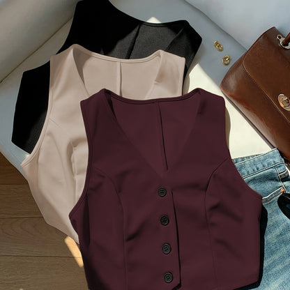 Summer Women'S Elegant Blazer Set with Blazer, Cardigan & Vest - Casual Three-Piece Outfit in Black, White, and Burgundy, Sleeveless, Button Detailing, Spring\u002FSummer Collection
