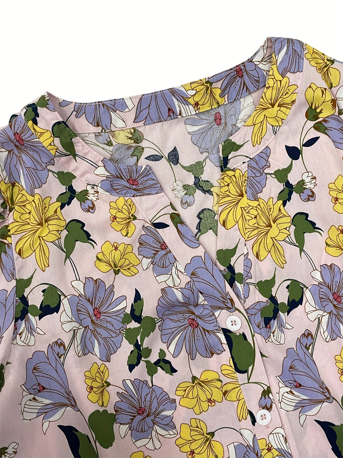 Elegant Floral Print V-Neck Blouse for Women - Short Sleeve, Button-Up Shirt with Vibrant Pink & Blue Flowers, Perfect for Spring\u002FSummer Casual Wear, Spring Fashion | Feminine Blouse | Glossy Finish