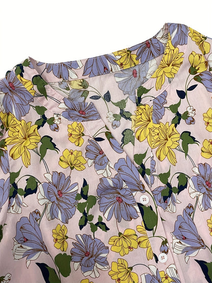 Elegant Floral Print V-Neck Blouse for Women - Short Sleeve, Button-Up Shirt with Vibrant Pink & Blue Flowers, Perfect for Spring\u002FSummer Casual Wear, Spring Fashion | Feminine Blouse | Glossy Finish