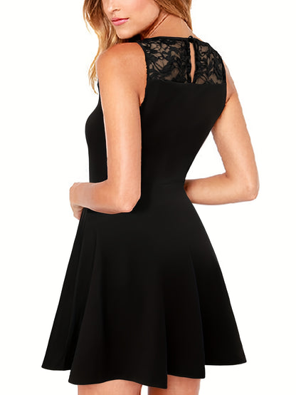 Elegant Sleeveless Lace Party Dress for Women - Sexy Hollow-Out Design, Knee-Length, Black, Perfect for Spring\u002FSummer Events, Lace Dress