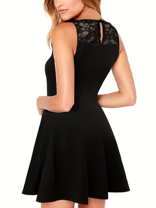 Elegant Sleeveless Lace Party Dress for Women - Sexy Hollow-Out Design, Knee-Length, Black, Perfect for Spring\u002FSummer Events, Lace Dress