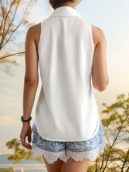 Women'S Light Blue Sleeveless Button-Up Shirt - Casual Summer Top with Ruffled Hem, Non-Stretch Fabric, Perfect for Weekend Outings, Casual Summer Wear | Ruffled Hem Shirt | Nonstretch Fabric