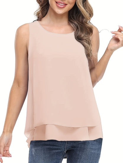 Women's Elegant Black Chiffon Sleeveless Blouse - Crew Neck, Layered Ruffle Hem, Lightweight & Breathable for Spring\u002FSummer Casual Wear, Summer Fashion Top, Offshoulder Effect, Evenly Draping Top