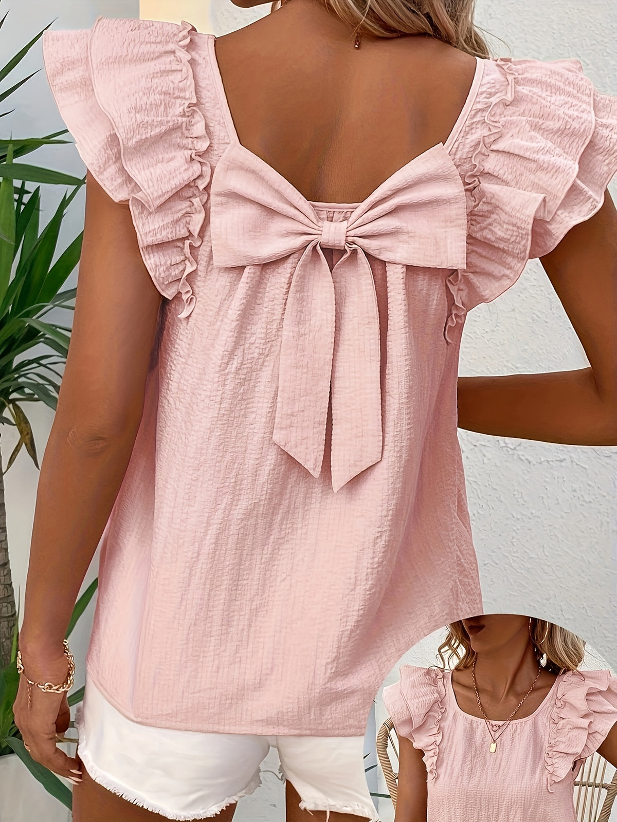 Women's Youthful Daily Commute Cute Square Neck Ruffle Sleeve Blouse with Bow at the Back