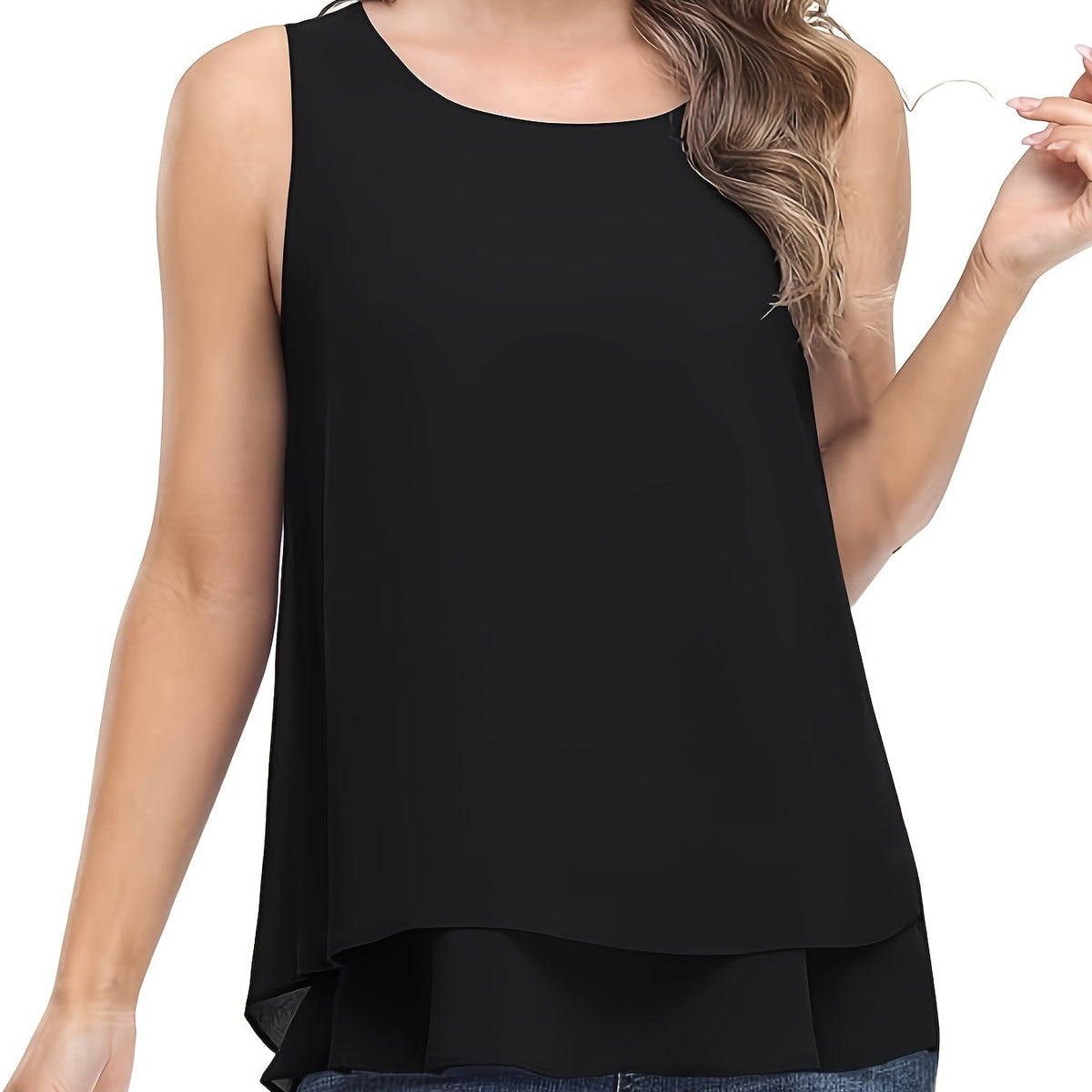 Women's Elegant Black Chiffon Sleeveless Blouse - Crew Neck, Layered Ruffle Hem, Lightweight & Breathable for Spring\u002FSummer Casual Wear, Summer Fashion Top, Offshoulder Effect, Evenly Draping Top