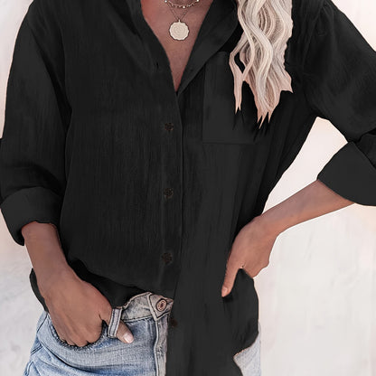 Women'S Casual Long Sleeve Button-Up Shirt - Summer Lightweight Solid Color, Classic Collar, Versatile for Casual Attire, Versatile Blouse | Classic Collar Style | Nontransparent Fabric