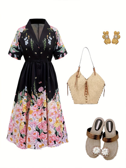 Elegant Floral Print A-Line Dress for Women - Short Sleeve, V-Neck, High-Low Hem, Lightweight Polyester, Perfect for Spring\u002FSummer Vacations, Casual to Formal Wear, Casual Summer Wear | Floral Print Dress | Polyester Fabric