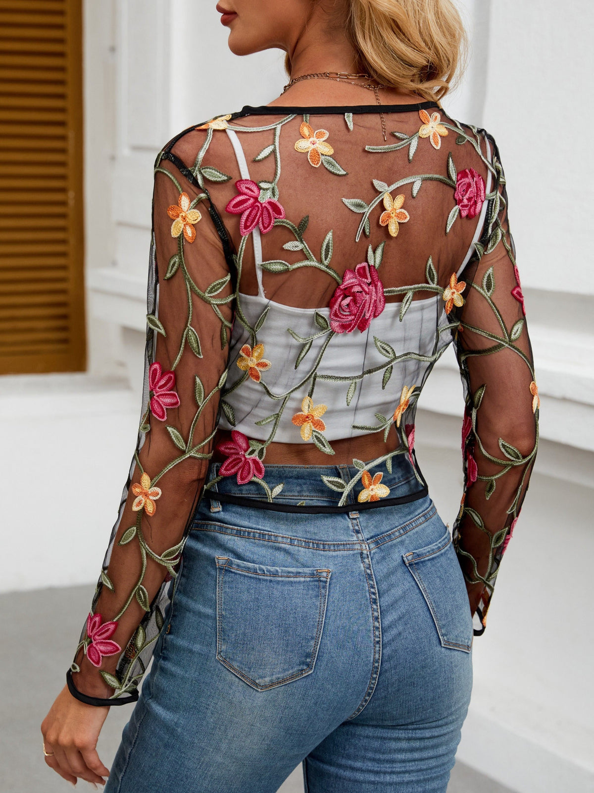 Floral Embroidered Open Front Jacket - Stylish Sheer Mesh Cropped Long Sleeve - For Women - Perfect for Spring & Fall -  Gift Idea for Fashionable Ladies