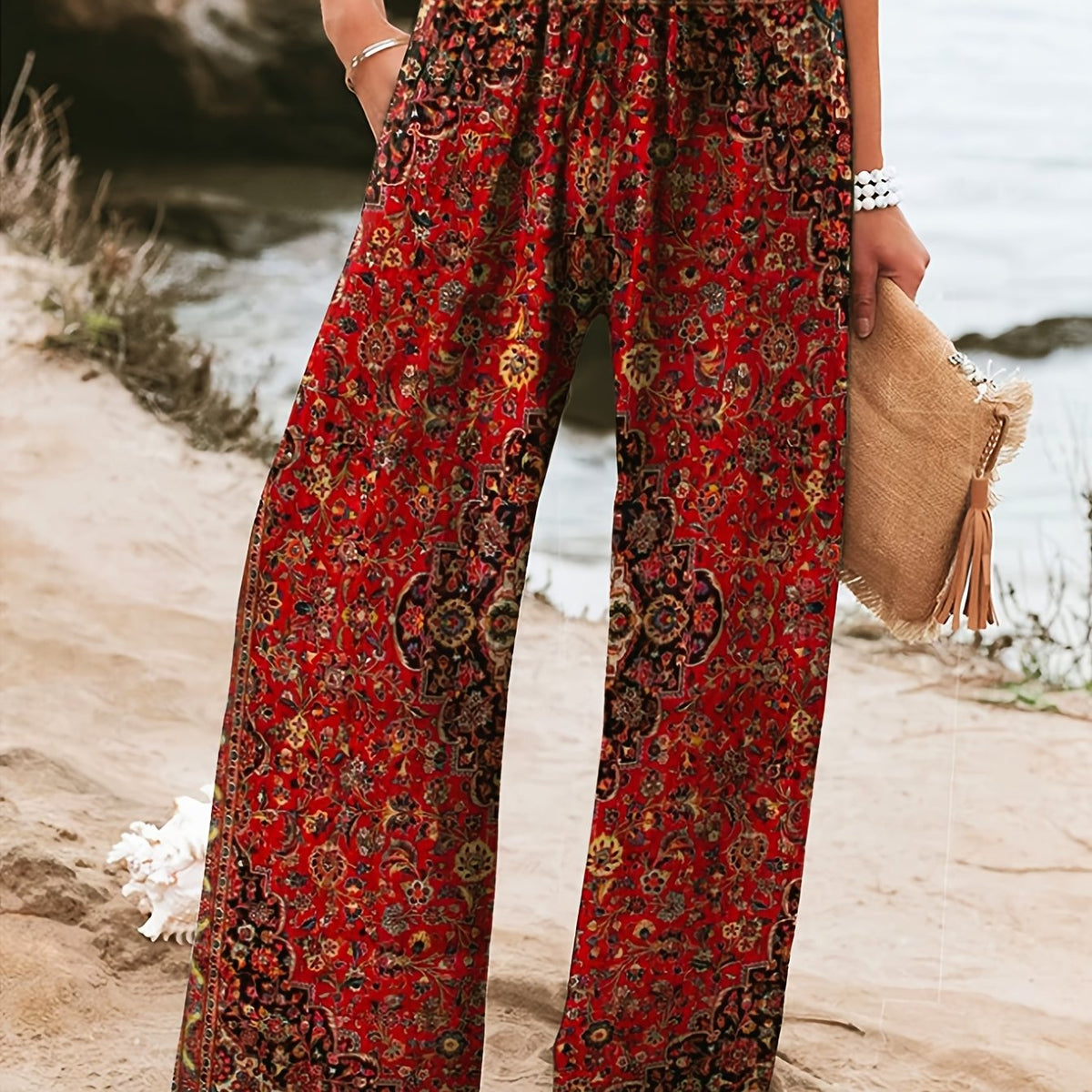 Women's Retro Bohemian Ethnic Print Wide-Leg Pants with Pockets - Vibrant Floral Digital Print, Loose Fit Machine Washable Spring Summer Casual Trousers, Floral Print Pants, Summer Trousers, Comfortable Wear, Durable Fabric
