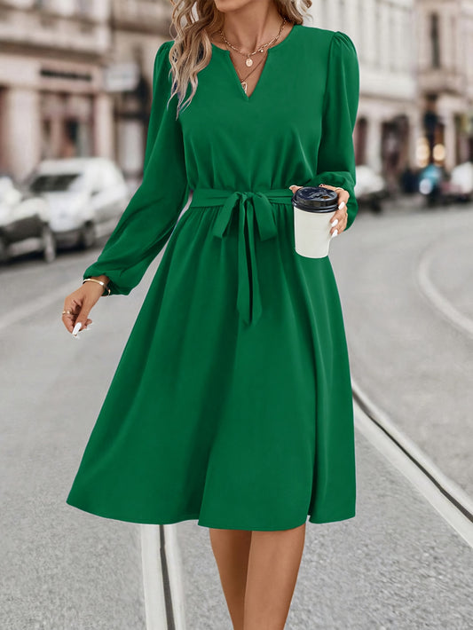 Women's Elegant V-Neck Long Sleeve Dress with Front Bow Detail - A-Line Midi Dress in Vibrant Green, 100% Polyester, Machine Washable, All-Season Versatile Wear