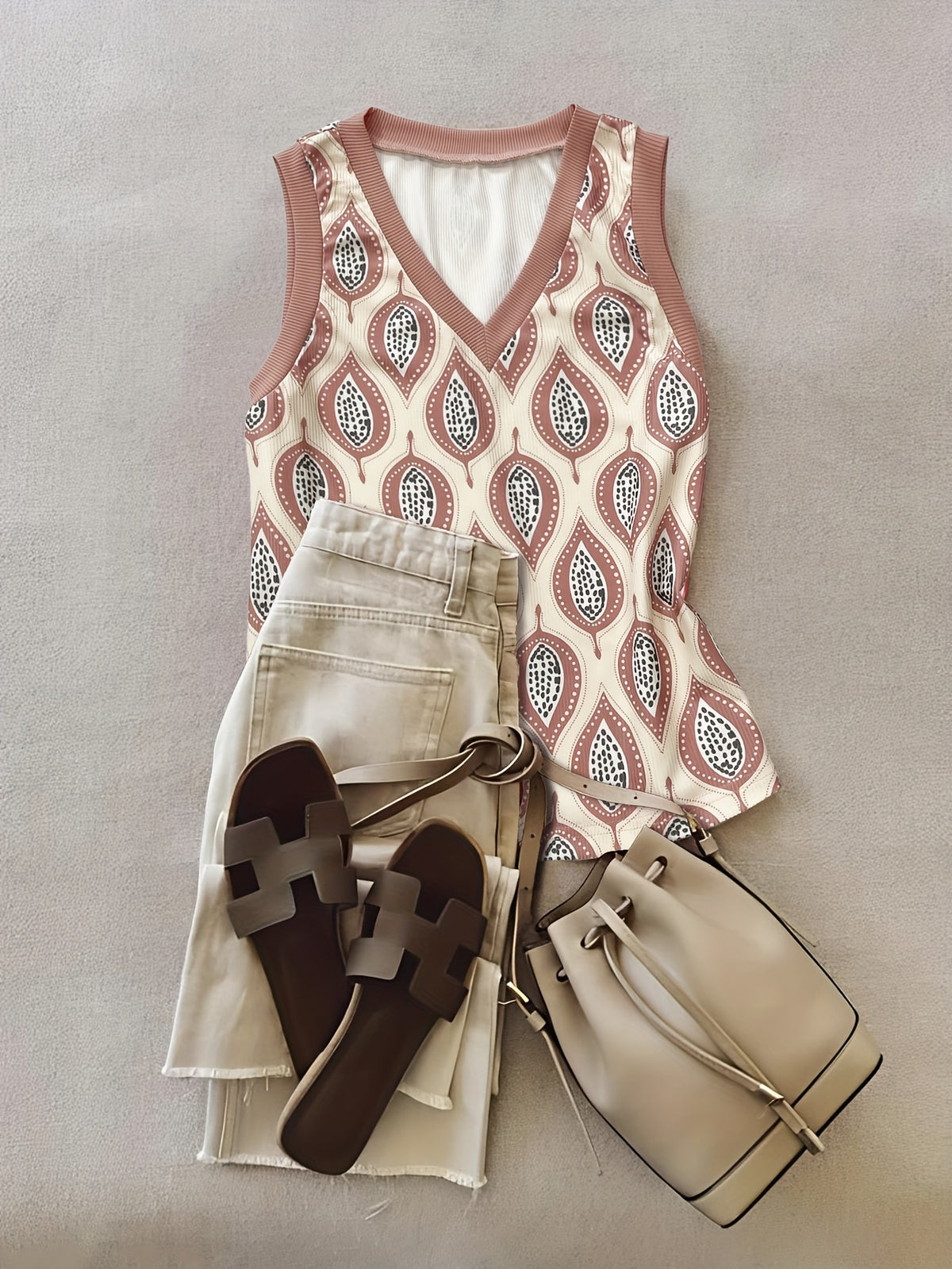 Niannian Women's Casual Geometric Print V-Neck Sleeveless Tank Top - High Elasticity Summer Vacation Shirt, Breathable H-Silhouette Machine Washable Top for Spring\u002FSummer Outfits, Ladies Tank Tops, Vacation Clothing, Highelasticity Fabric