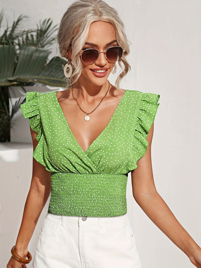 Summer New Ruffle Hem Polka Dot Splicing Top