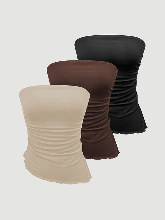 Three-piece Set of Multi-color High Elastic Shoulderless Pleated Tops