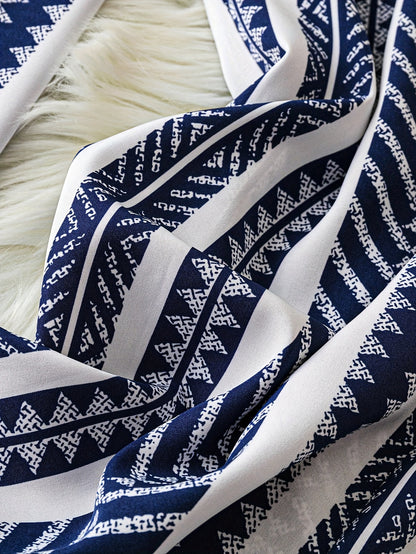 Women's Navy Blue & White Geometric Pattern Wide-Leg Pants with Tie Waist - Loose Fit for Summer Beach Vacations, Handwash or Dry Clean, Beach Clothes, Vacation Clothing, Nonelastic Fabric