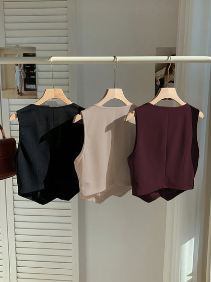 Summer Women'S Elegant Blazer Set with Blazer, Cardigan & Vest - Casual Three-Piece Outfit in Black, White, and Burgundy, Sleeveless, Button Detailing, Spring\u002FSummer Collection