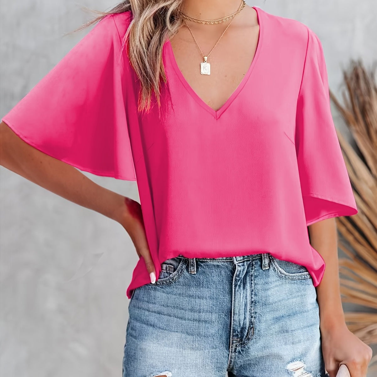 Women'S Elegant Summer V-Neck Short Sleeve Top - Casual Fashion, Solid Color, Split Detail, No Padding, Ideal for Spring\u002FSummer Outfits, Versatile Top | Vneck Shirt | Casual Chic, Cute Blouses