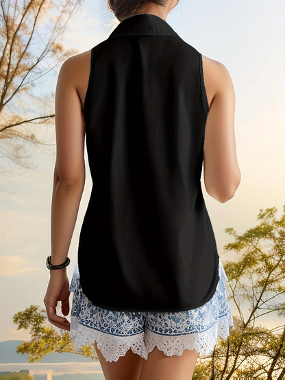 Women'S Light Blue Sleeveless Button-Up Shirt - Casual Summer Top with Ruffled Hem, Non-Stretch Fabric, Perfect for Weekend Outings, Casual Summer Wear | Ruffled Hem Shirt | Nonstretch Fabric