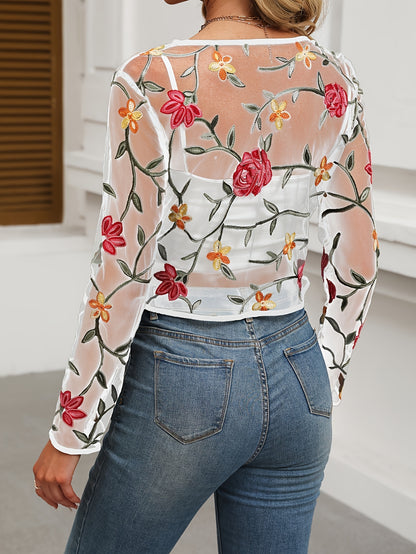 Floral Embroidered Open Front Jacket - Stylish Sheer Mesh Cropped Long Sleeve - For Women - Perfect for Spring & Fall -  Gift Idea for Fashionable Ladies