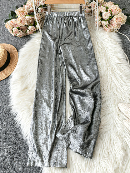 Women's Summer Casual Solid Color Straight Leg Pants - Golden Shimmer Textured Fabric, Elastic Waistband, Machine Washable, Spring\u002FSummer Long Pants for Adults, Spring Casualwear, Durable Casualwear, Shimmering Fabric