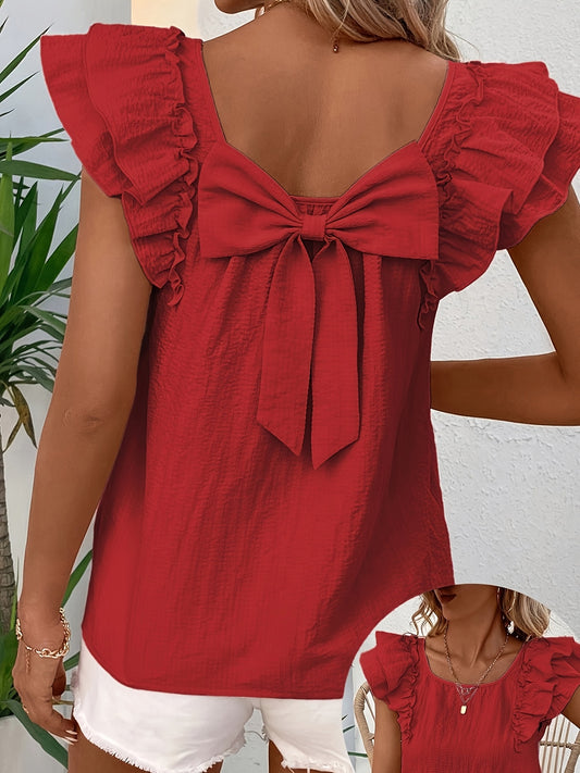 Women's Youthful Daily Commute Cute Square Neck Ruffle Sleeve Blouse with Bow at the Back