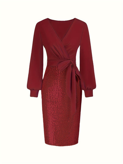Elegant Black Sequin Bodycon Dress with Deep V-Neck and Long Sleeves - Perfect for Formal Events and Parties, Party Dress | Sequin Embellished Dress | Sleek Fit Dress