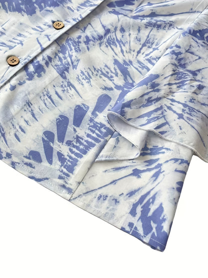 Elegant French-Inspired Tie-Dye V-Neck Blouse with Ruffled Sleeves - Casual Summer Top for Women, Button-Up Design, Lightweight Fabric, Perfect for Casual Attire, Casual Summer Wear | Ruffled Sleeve Top | Lightweight Fabric