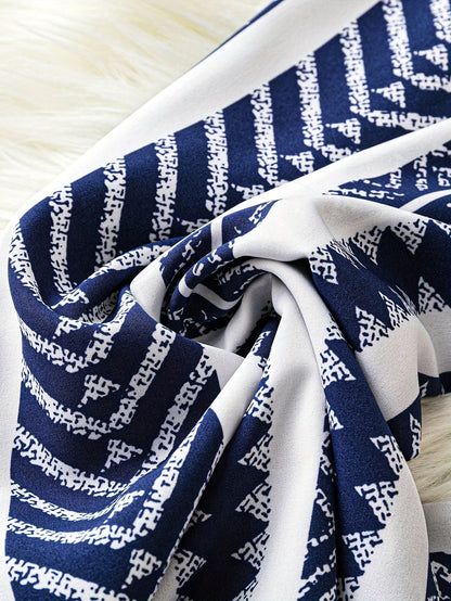 Women's Navy Blue & White Geometric Pattern Wide-Leg Pants with Tie Waist - Loose Fit for Summer Beach Vacations, Handwash or Dry Clean, Beach Clothes, Vacation Clothing, Nonelastic Fabric
