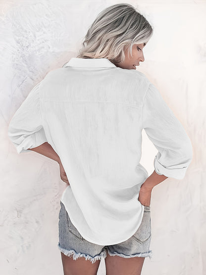 Women'S Casual Long Sleeve Button-Up Shirt - Summer Lightweight Solid Color, Classic Collar, Versatile for Casual Attire, Versatile Blouse | Classic Collar Style | Nontransparent Fabric