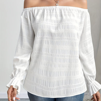 Solid Color Casual Elegant Pleated Off-Shoulder Long Sleeve Shirt Summer Wear