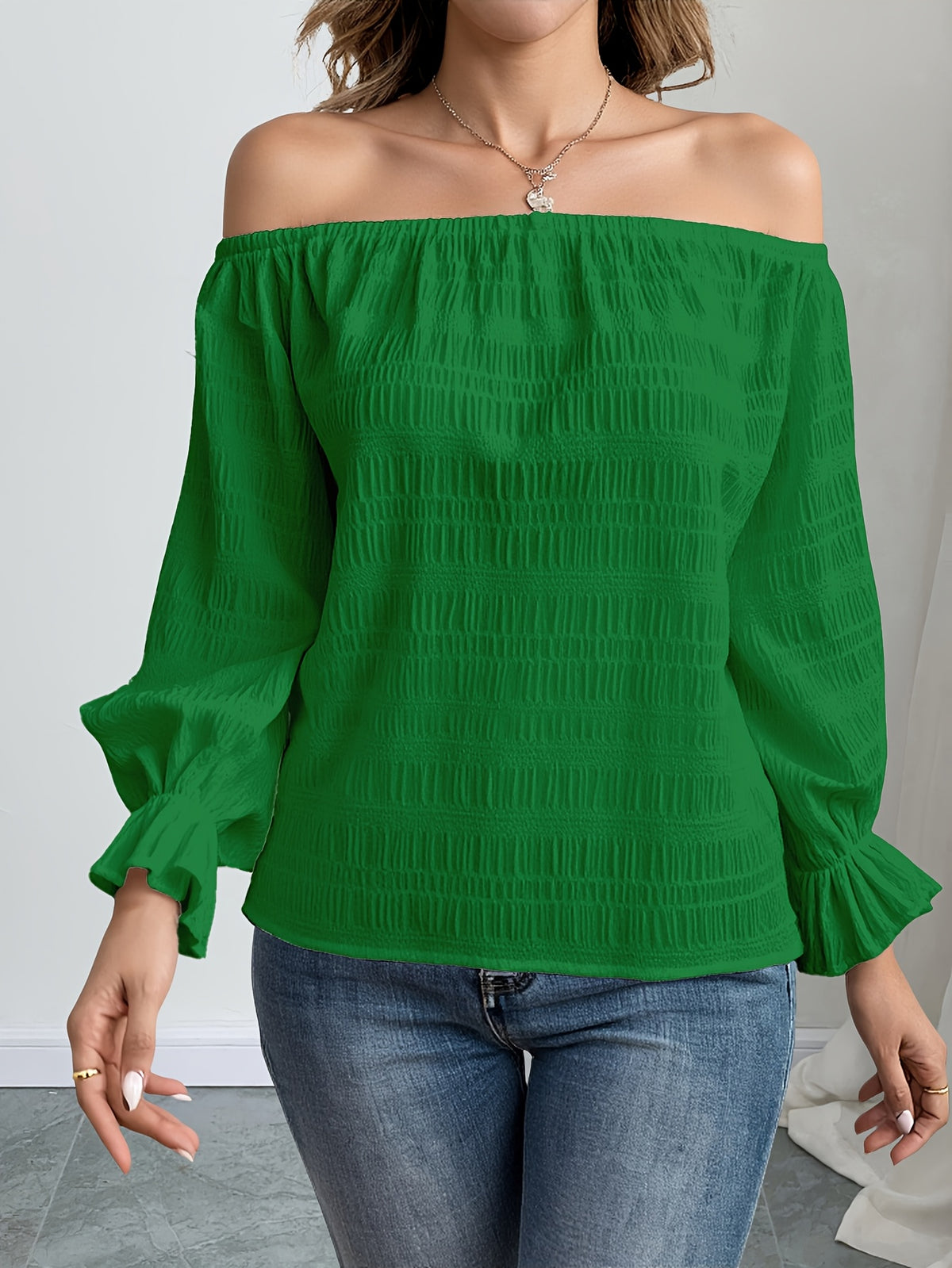 Solid Color Casual Elegant Pleated Off-Shoulder Long Sleeve Shirt Summer Wear