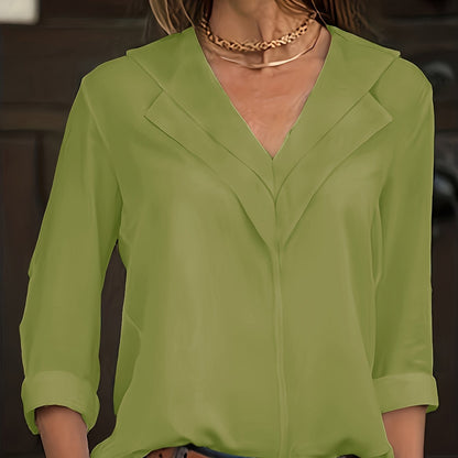 Solid Simple Blouse, Casual V Neck Long Sleeve Versatile Blouse - Women's Clothing -  For Everyday Wear - Perfect for Work, Casual Outings - Gift for Women