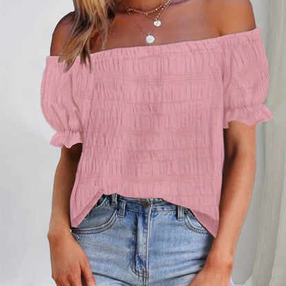 French Elegant Women's Casual Pleated Off-the-Shoulder Short Sleeve Top Summer Dress