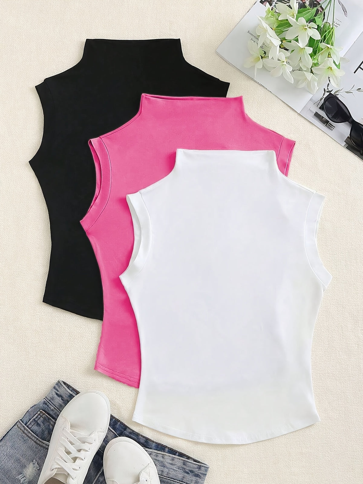 Women'S Three-Piece Set with a High-Neck Sleeveless Top, Perfect for Casual Summer Wear, Featuring a Slim Fit T-Shirt.