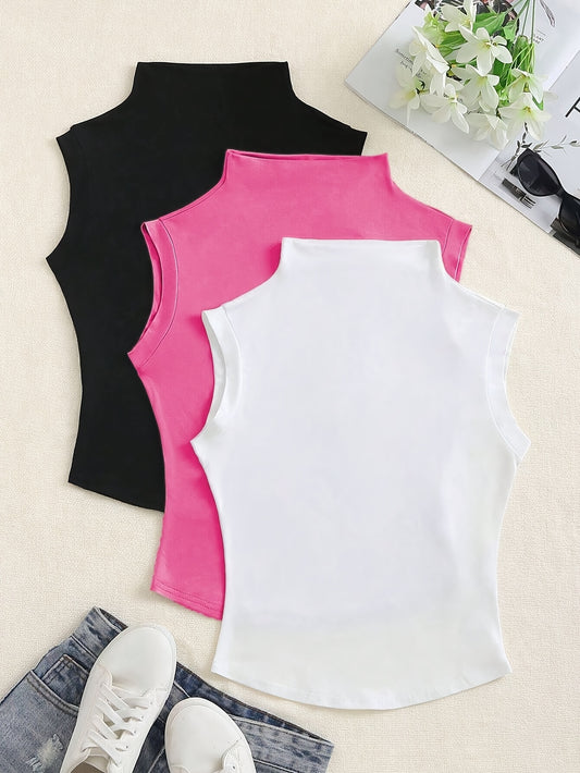 Women'S Three-Piece Set with a High-Neck Sleeveless Top, Perfect for Casual Summer Wear, Featuring a Slim Fit T-Shirt.