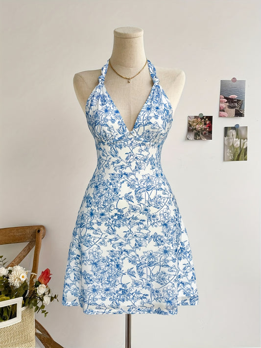 Elegant Blue Floral Print V-Neck Dress with Tie-Back Detail - Sleeveless, Knee-Length, Perfect for Spring\u002FSummer, Romantic Holiday Style, Floral Dress