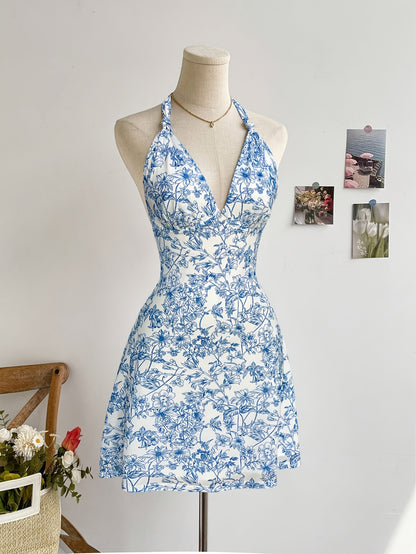 Elegant Blue Floral Print V-Neck Dress with Tie-Back Detail - Sleeveless, Knee-Length, Perfect for Spring\u002FSummer, Romantic Holiday Style, Floral Dress