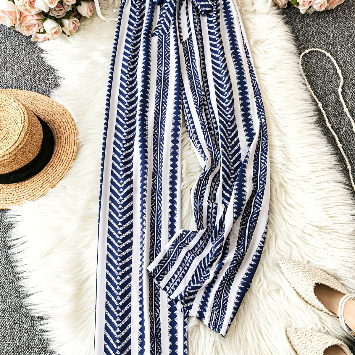 Women's Navy Blue & White Geometric Pattern Wide-Leg Pants with Tie Waist - Loose Fit for Summer Beach Vacations, Handwash or Dry Clean, Beach Clothes, Vacation Clothing, Nonelastic Fabric