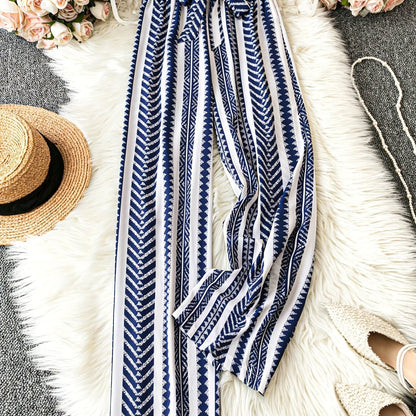 Women's Navy Blue & White Geometric Pattern Wide-Leg Pants with Tie Waist - Loose Fit for Summer Beach Vacations, Handwash or Dry Clean, Beach Clothes, Vacation Clothing, Nonelastic Fabric