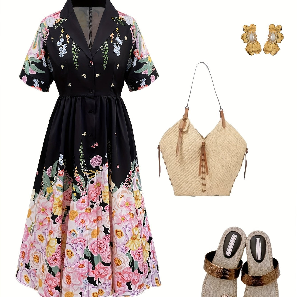 Elegant Floral Print A-Line Dress for Women - Short Sleeve, V-Neck, High-Low Hem, Lightweight Polyester, Perfect for Spring\u002FSummer Vacations, Casual to Formal Wear, Casual Summer Wear | Floral Print Dress | Polyester Fabric