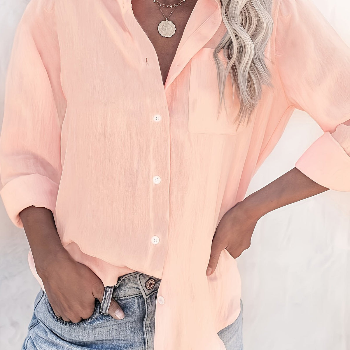 Women'S Casual Long Sleeve Button-Up Shirt - Summer Lightweight Solid Color, Classic Collar, Versatile for Casual Attire, Versatile Blouse | Classic Collar Style | Nontransparent Fabric