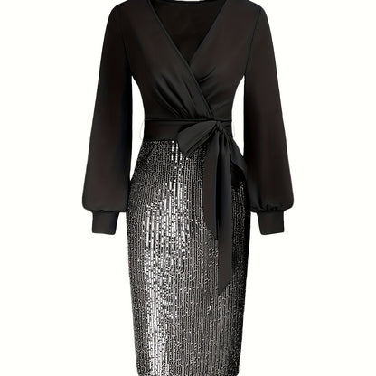 Elegant Black Sequin Bodycon Dress with Deep V-Neck and Long Sleeves - Perfect for Formal Events and Parties, Party Dress | Sequin Embellished Dress | Sleek Fit Dress