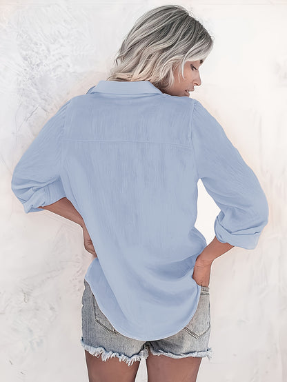 Women'S Casual Long Sleeve Button-Up Shirt - Summer Lightweight Solid Color, Classic Collar, Versatile for Casual Attire, Versatile Blouse | Classic Collar Style | Nontransparent Fabric