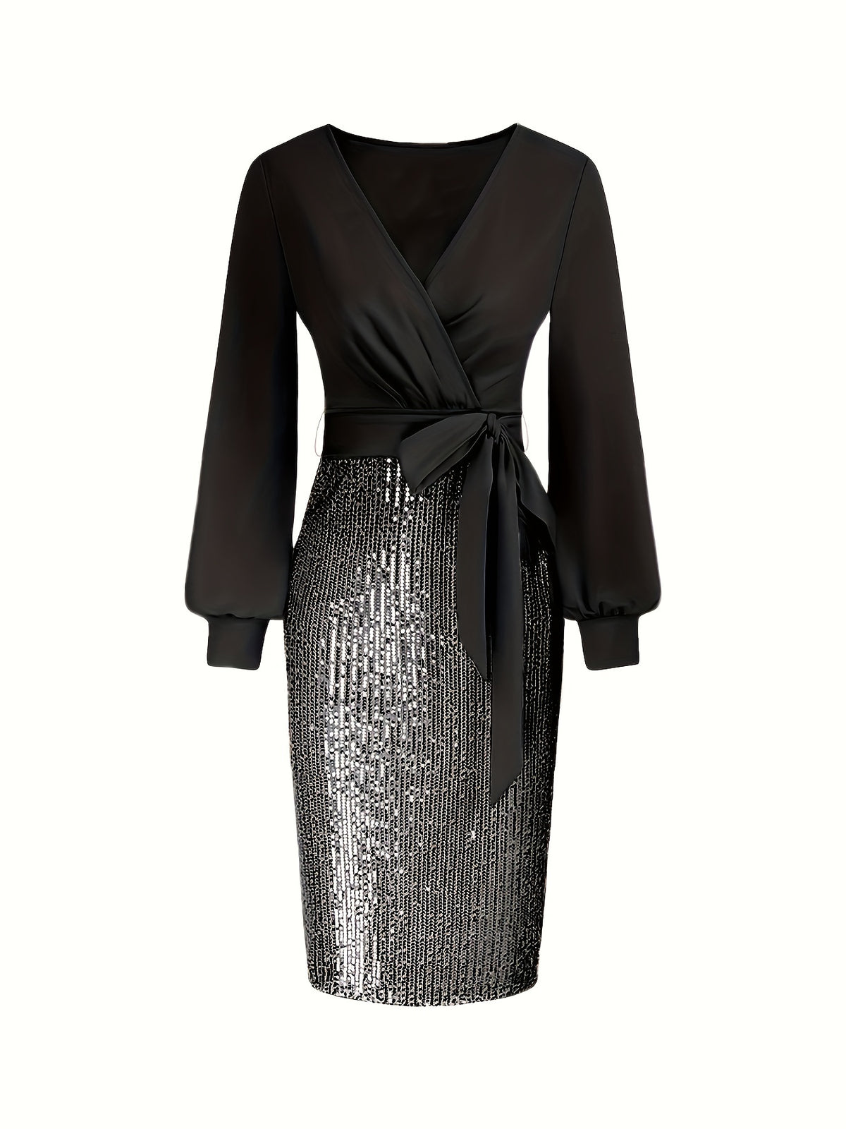 Elegant Black Sequin Bodycon Dress with Deep V-Neck and Long Sleeves - Perfect for Formal Events and Parties, Party Dress | Sequin Embellished Dress | Sleek Fit Dress