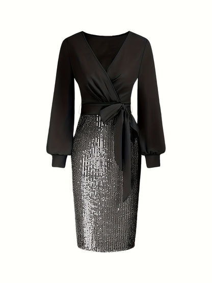 Elegant Black Sequin Bodycon Dress with Deep V-Neck and Long Sleeves - Perfect for Formal Events and Parties, Party Dress | Sequin Embellished Dress | Sleek Fit Dress
