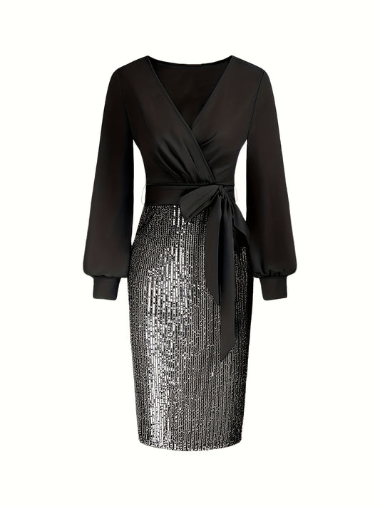 Elegant Black Sequin Bodycon Dress with Deep V-Neck and Long Sleeves - Perfect for Formal Events and Parties, Party Dress | Sequin Embellished Dress | Sleek Fit Dress